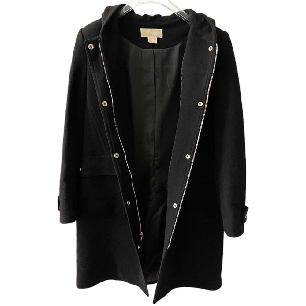 Michael Kors Black Wool Zip Snap Button Front Hooded Pocket Mid Knee Overcoat - Picture 4 of 11